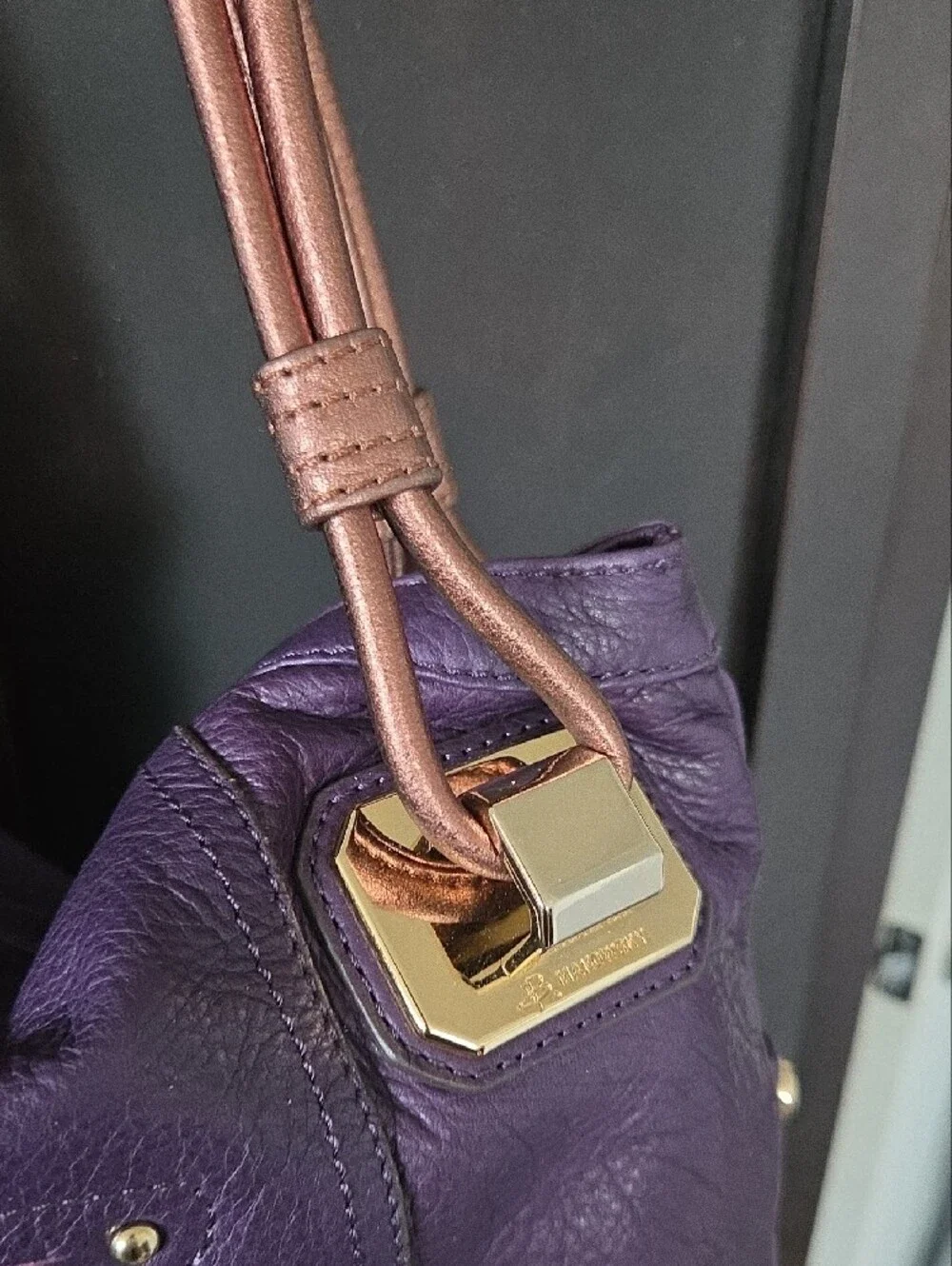 B. Makowsky Purple Pebbled Leather Slouchy Hobo Bag Bronze Straps